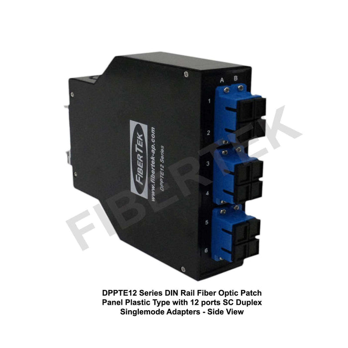 DIN Rail Fiber Optic Patch Panel Plastic Type DPPTE12 Series with 12 ports SC Duplex Singlemode Adapters Side View