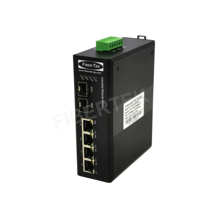 Left side view of FCNID-4GP-2GS Industrial PoE Ethernet media converter