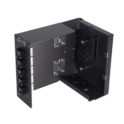 Interior view of DPPY12 BK Series DIN Rail UTP CAT6A Ethernet Patch Panel loaded with 5 ports of Cat 6A keystone jacks