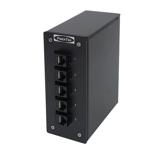 Side view of DPPY12 BK Series DIN Rail UTP CAT6A Ethernet Patch Panel loaded with 5 ports of Cat 6A keystone jacks