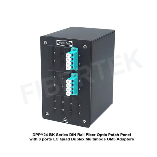 Side View of DPPY24 BK Series DIN Rail Patch Panel with 8 ports LC Quad Duplex Multimode OM3 Adapters
