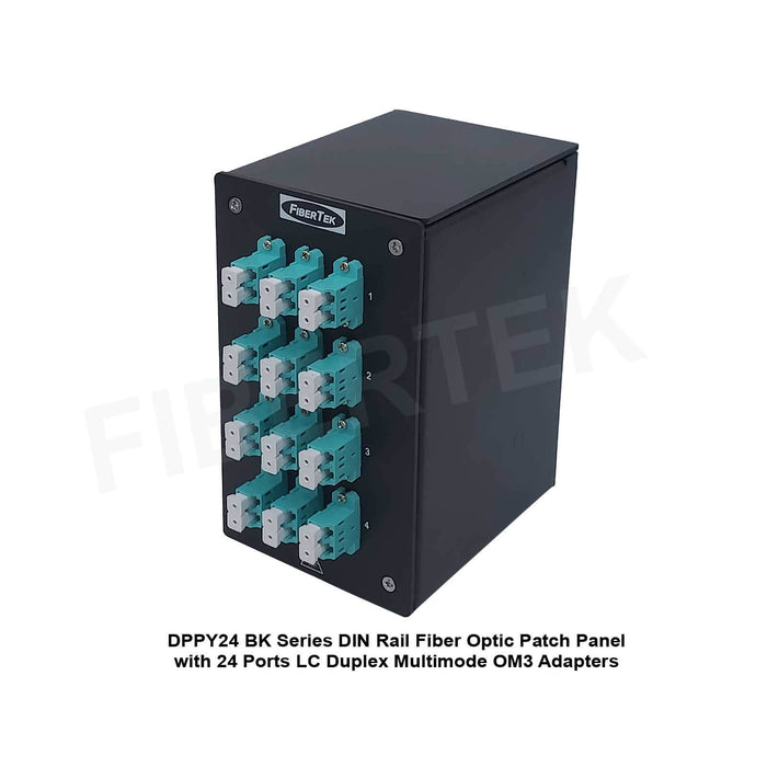 Side view of DIN Rail Fiber Optic Patch Panel DPPY24 BK Series with 24 ports LC Duplex Multimode OM3 Adapters