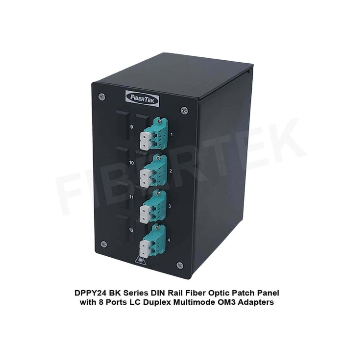 Side view of DIN Rail Fiber Optic Patch Panel DPPY24 BK Series with 8 ports LC Duplex Multimode OM3 Adapters