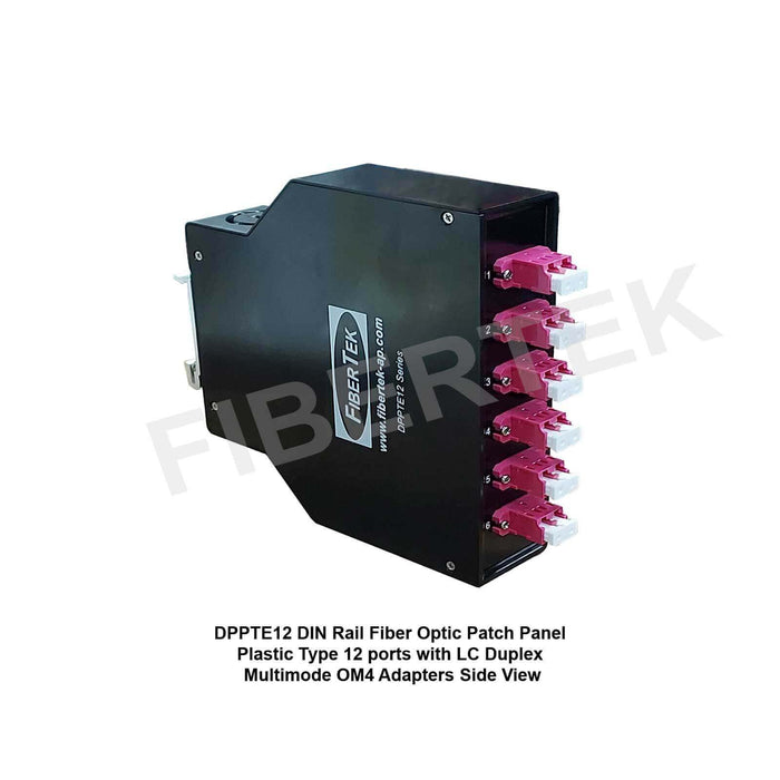 DPPTE12 DIN Rail Fiber Optic Patch Panel Plastic Type 12 ports with LC Duplex Multimode OM4 Adapters Side View