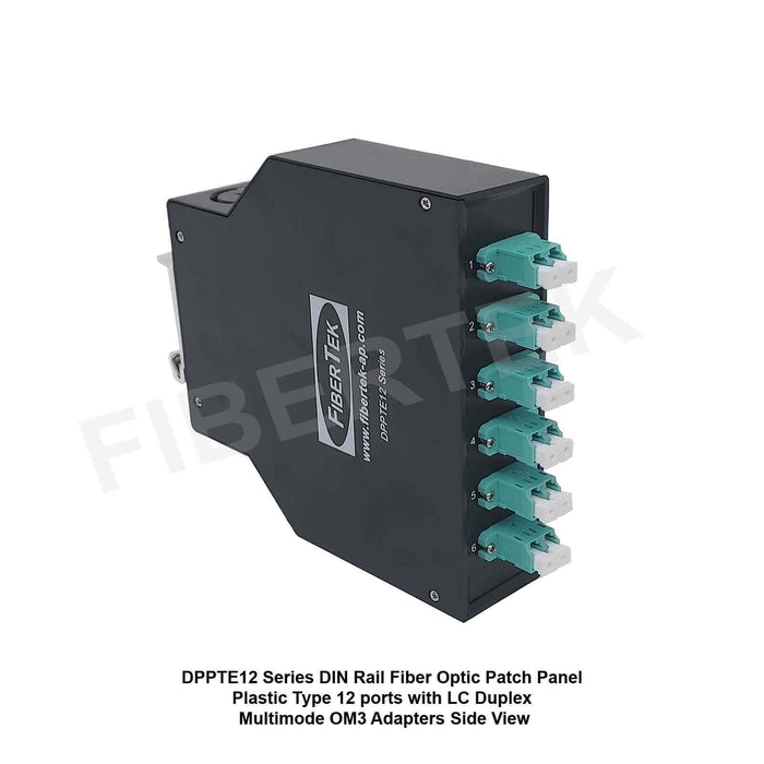 DPPTE12 DIN Rail Fiber Optic Patch Panel Plastic Type 12 ports with LC Duplex Multimode OM3 Adapters Side View