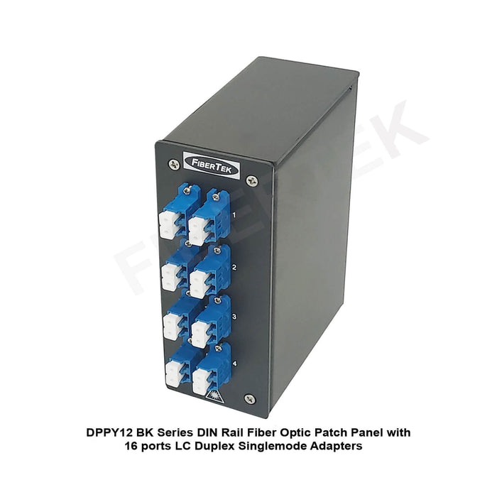 Side view of DIN Rail Fiber Optic Patch Panel DPPY12 with 16 ports LC Duplex Singlemode Adapters