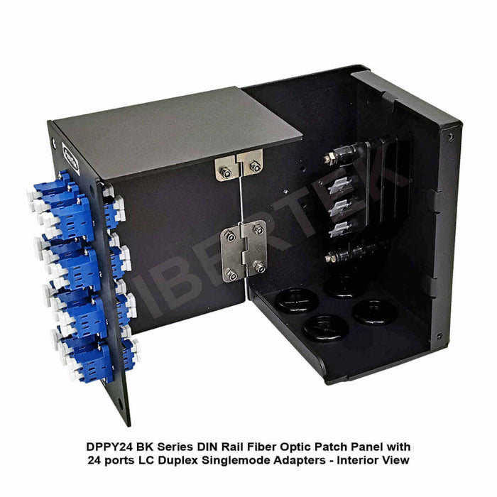 Interior view of DIN Rail Fiber Optic Patch Panel DPPY24 BK Series with 24 ports LC Duplex Adapters